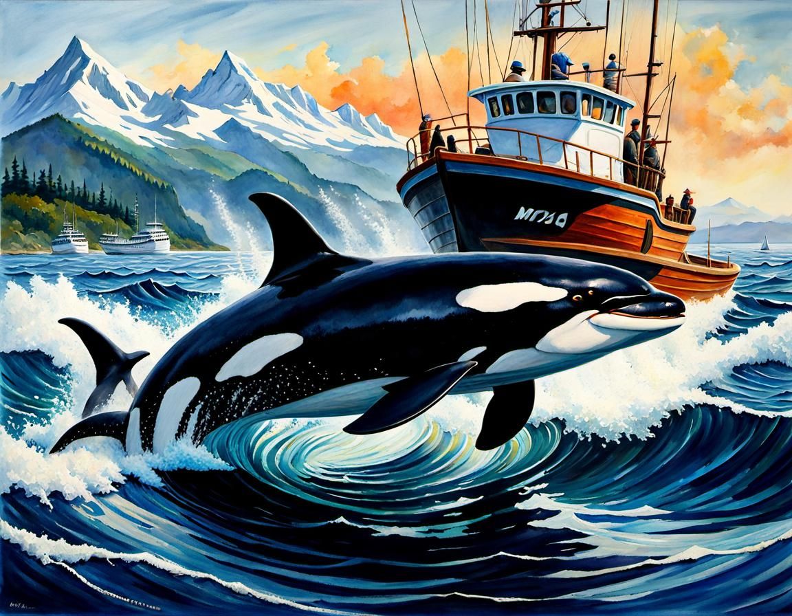 Orca Attack on Fishing Boat in Gouache Style