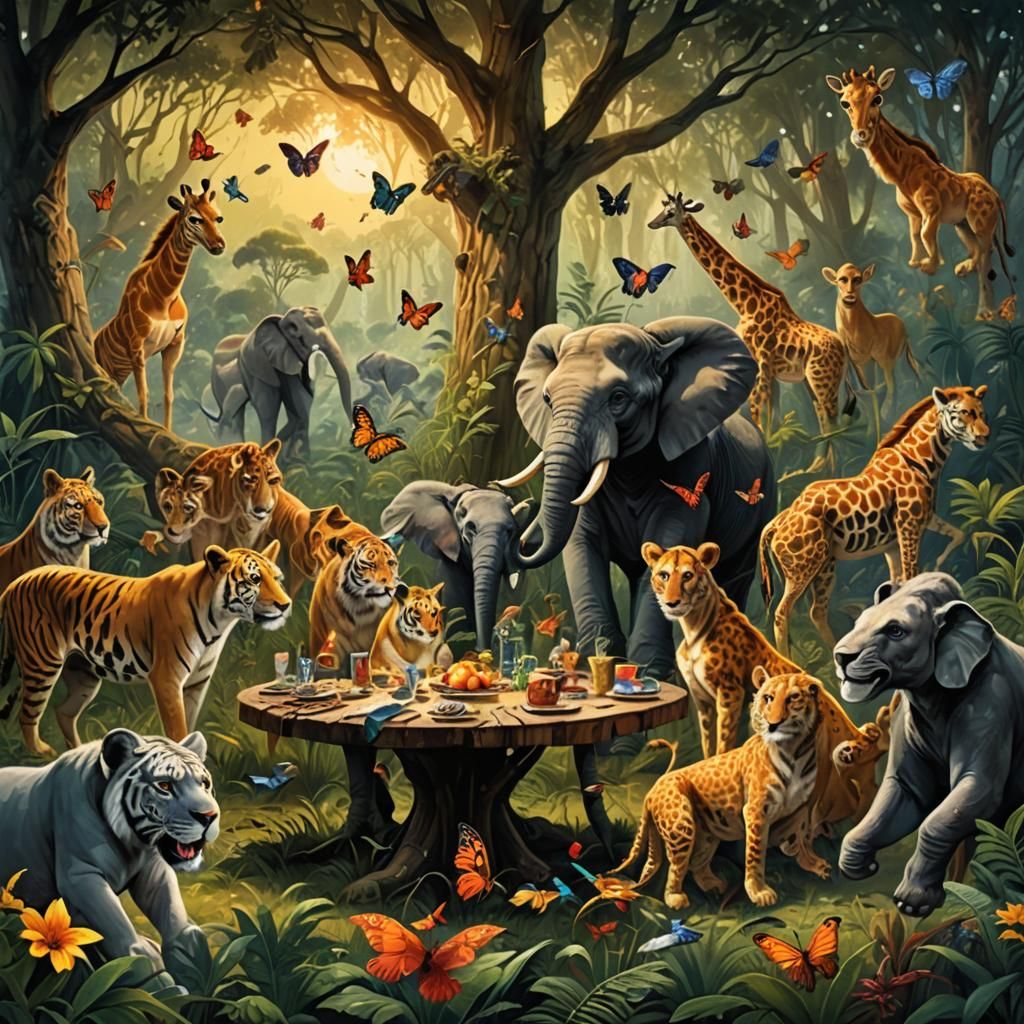 Wild Animals Meeting in Jungle Clearing