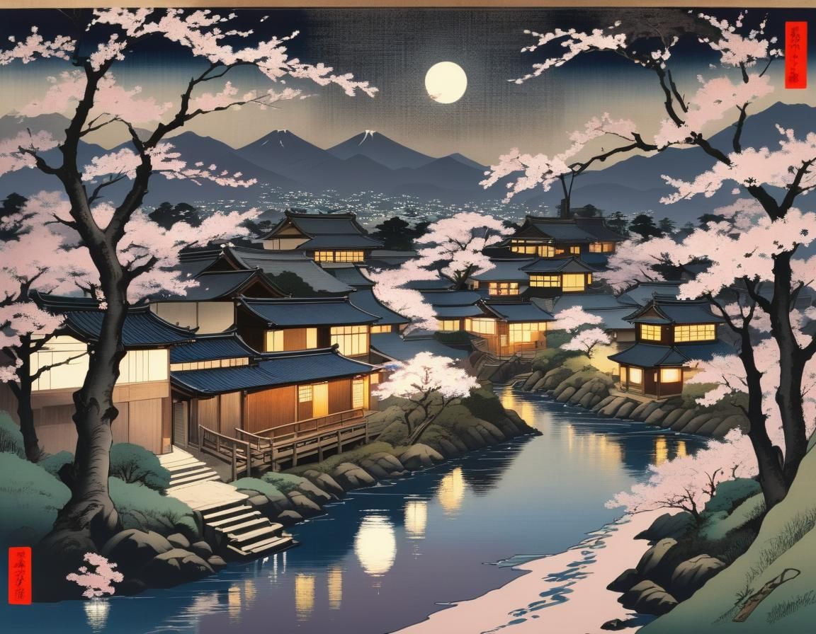 Moonlit Sakura Village in Ukiyo-e Style