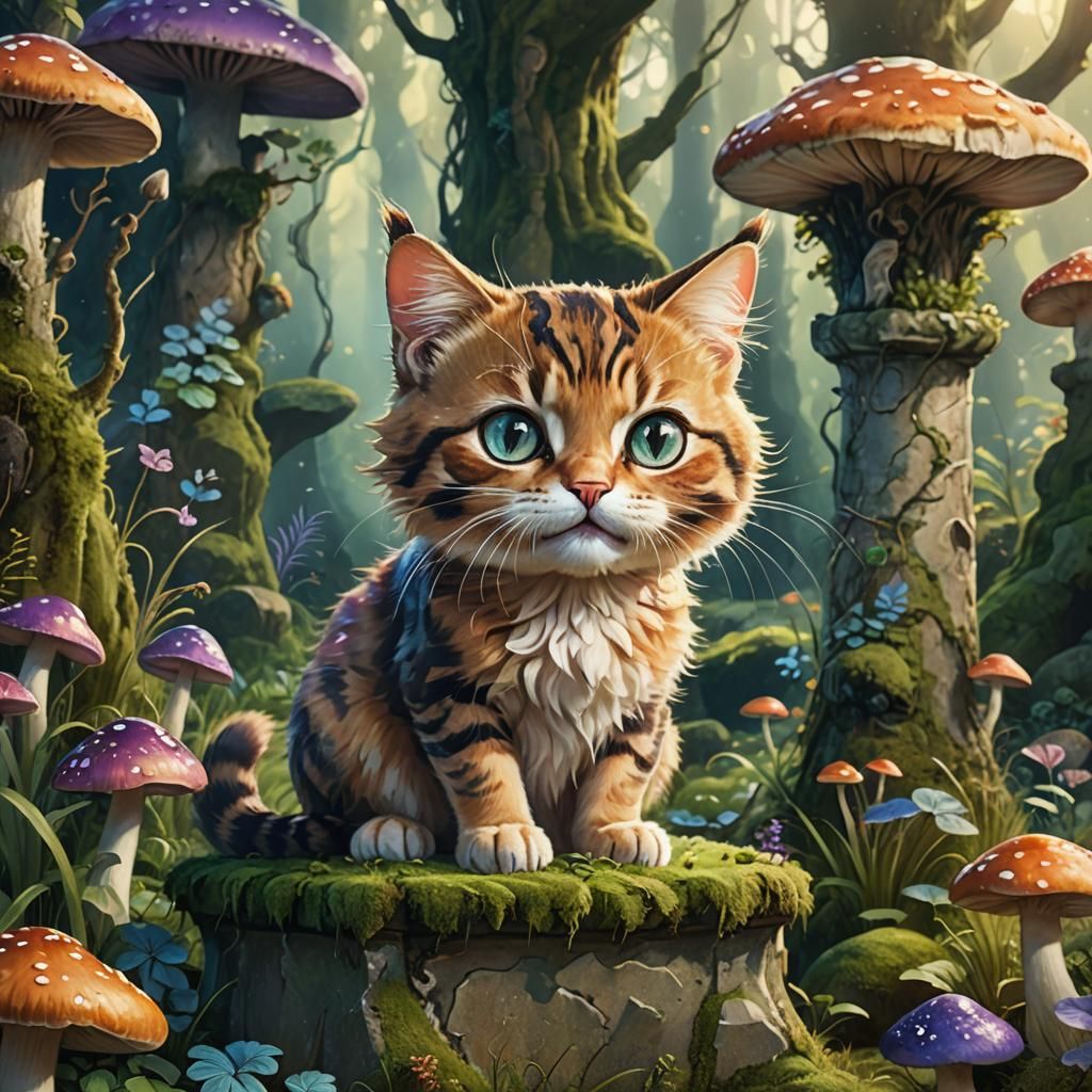 Cute Cat Meowing in a Magical Forest Scene