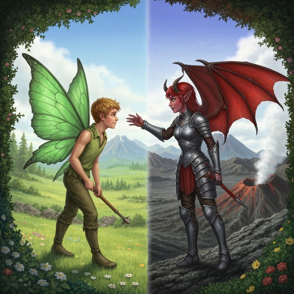 Fairy and Demon Meet in Fantasy Landscape
