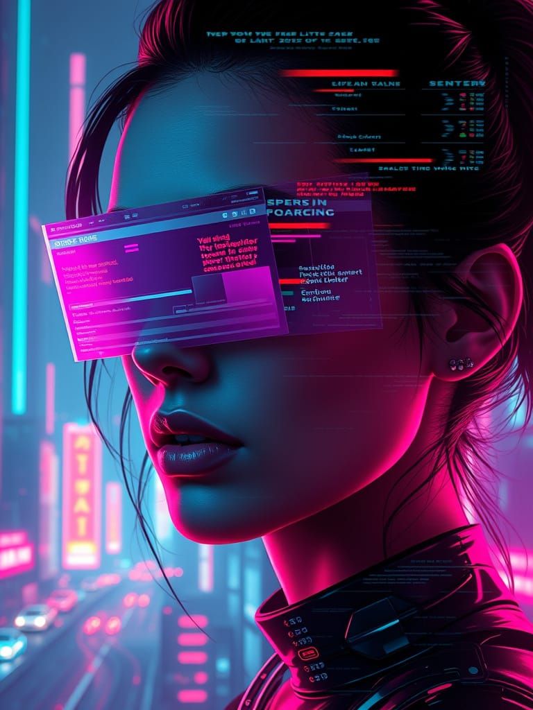 Futuristic Woman's Face Obscured by Glitching Screens