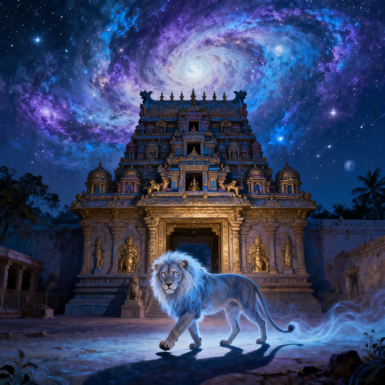 Moonlit Lion at Meenakshi Temple Under Nebula Sky