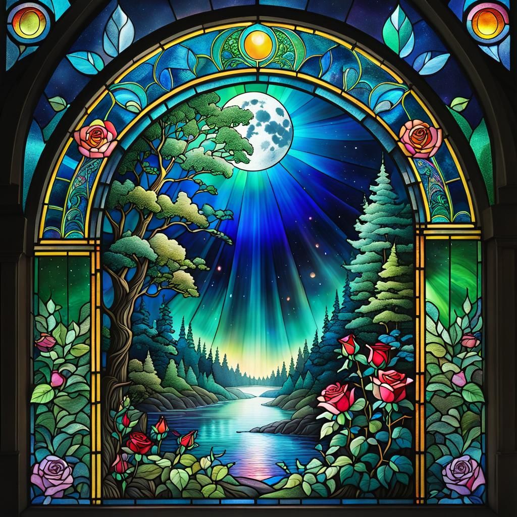 Stained Glass Blue Moon with Rainbow Aura