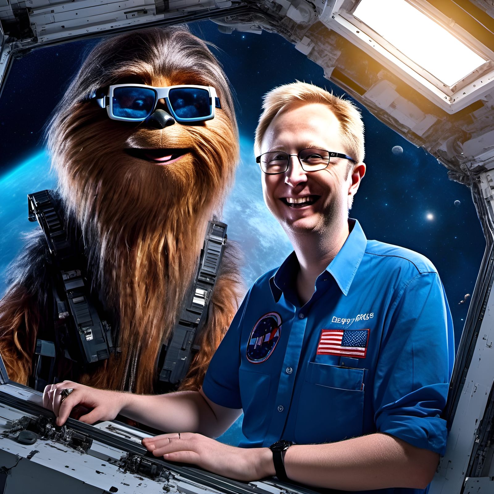Happy Character with Chewbacca in Outer Space