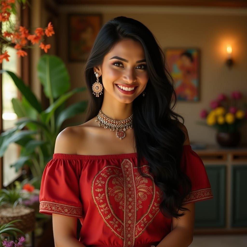 Stunning Woman in Golden-Lit Room with Exotic Decor
