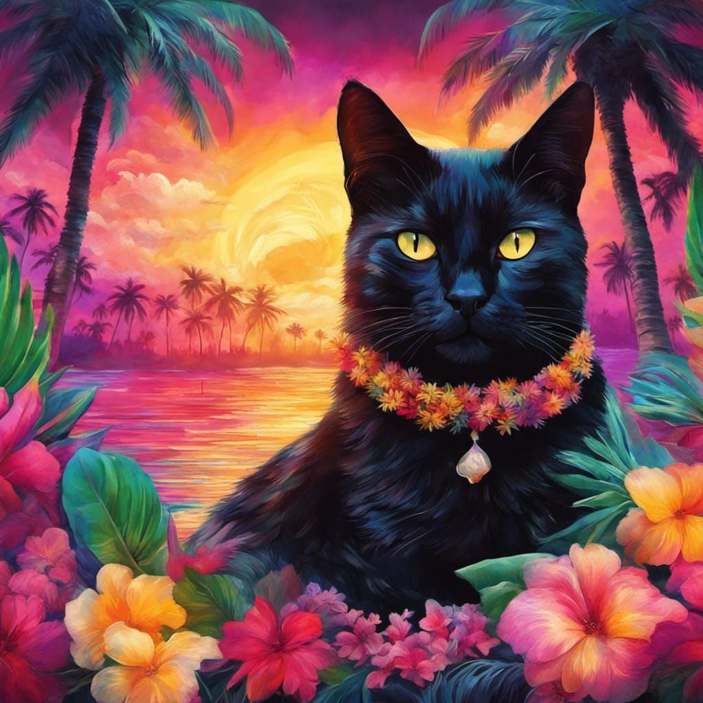 Black Cat in Hawaiian Lei: Astral Digital Art