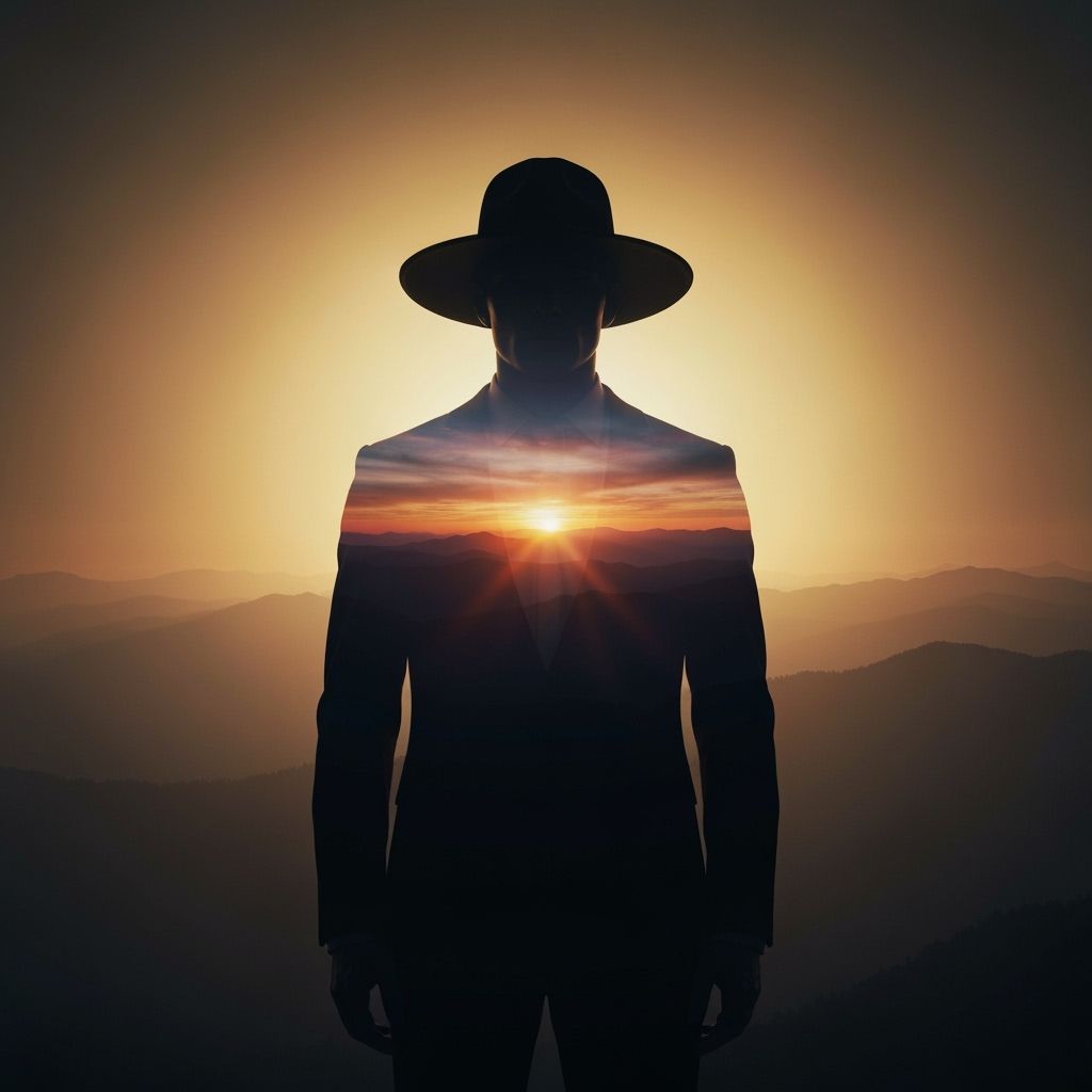 Man in Black Suit Silhouette with Sunset Mountain View