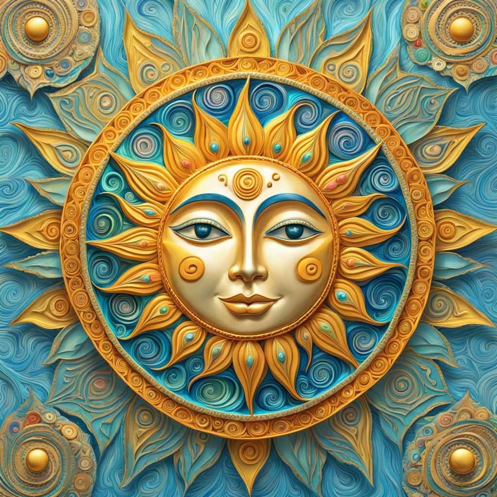 Radiant Sun Face with Zentangle Rays in Klimt Style