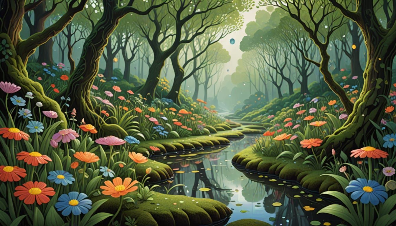 Spring Rainy Day: Flowers Bloom in a Vibrant Forest