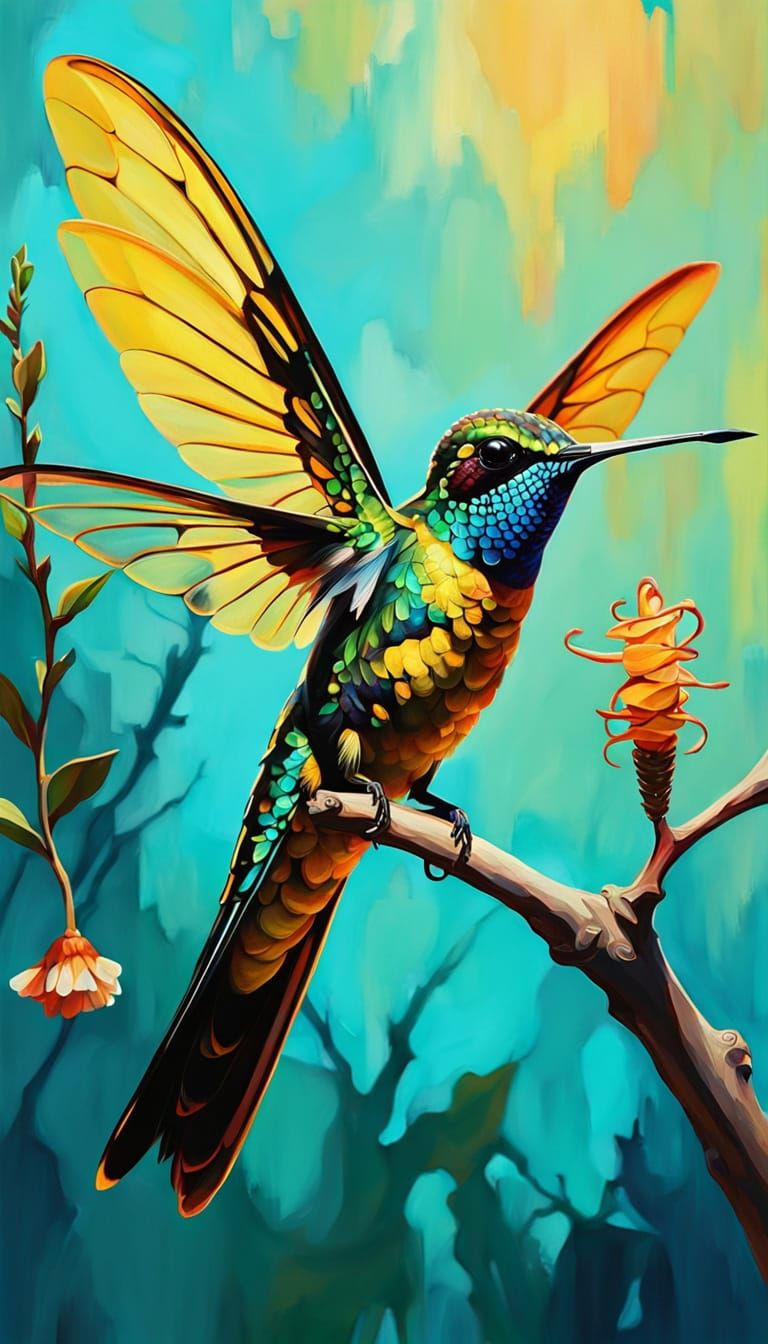 Surreal Oil Painting of a Wasp and Hummingbird