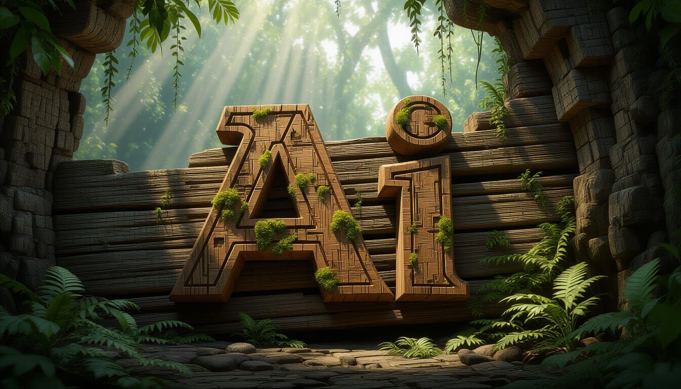 Intricately Carved Wooden Letters with Volumetric Lighting