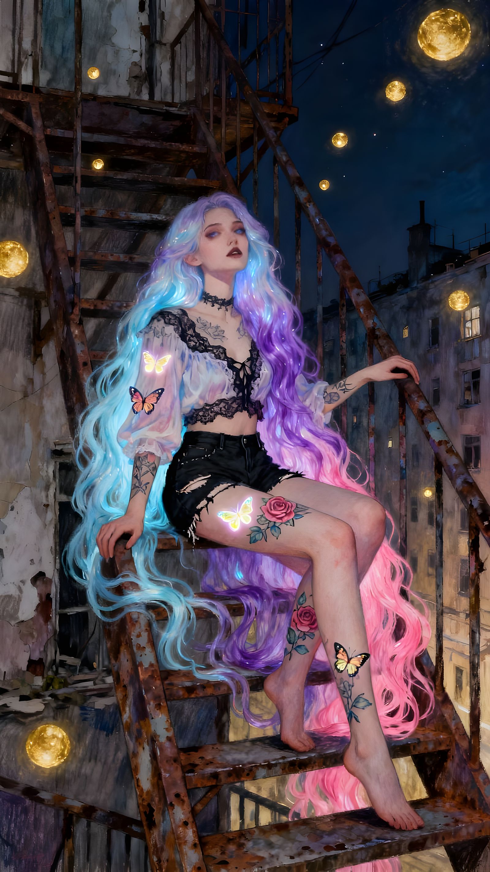 Boho-Gothic Woman on Fire Escape, Hyperrealistic Digital Art