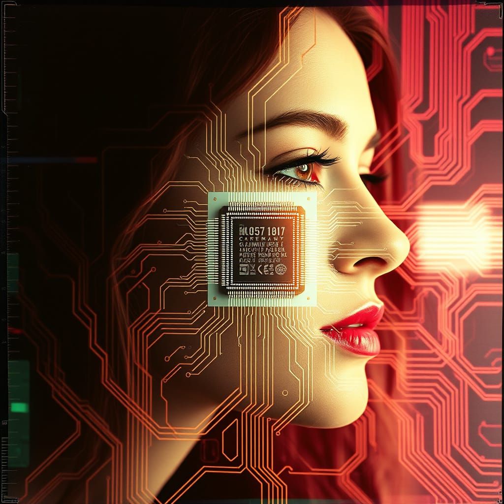 Surreal Woman Portrait with Computer Chip Double Exposure