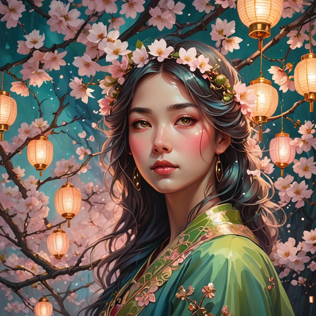 Romantic Cherry Blossom Portrait in Fantasy Art Style