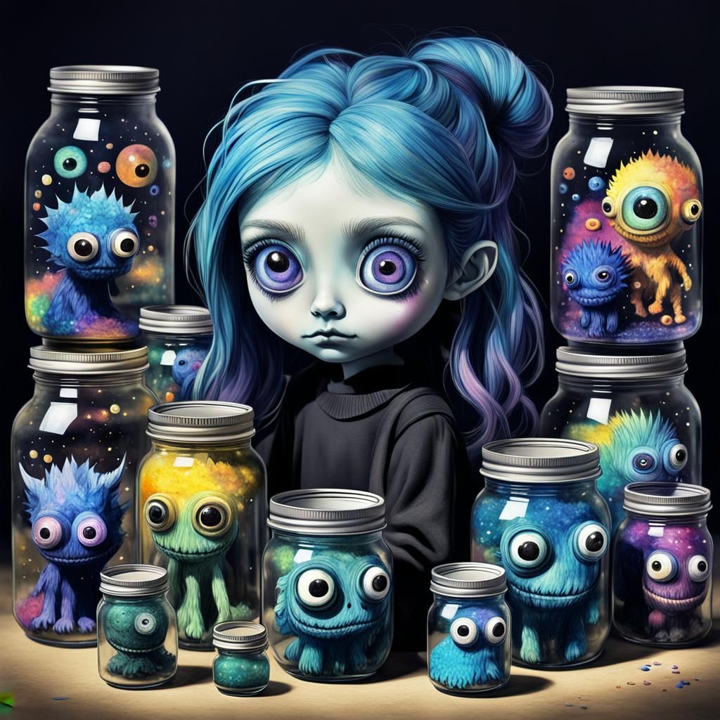 Chibi Girl with Googly Eyes in a Gothic Dreamscape