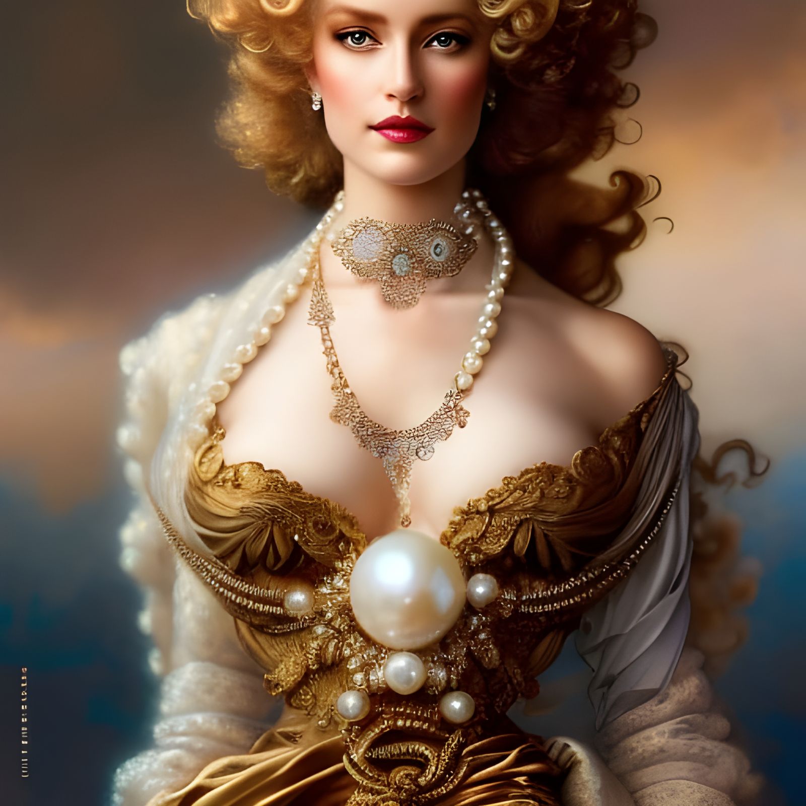 Rococo Blonde with Pearl Necklace, Detailed Close-up