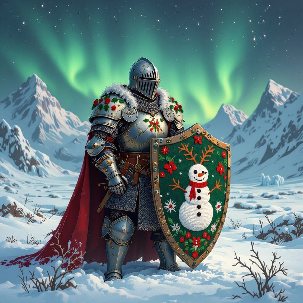Knight with Festive Armor on Snowy Battlefield