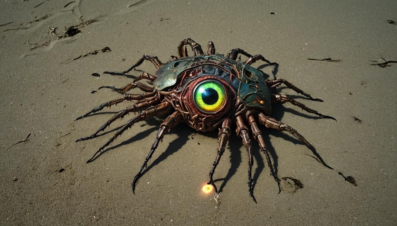 Neon Horror: Giant Rotten Eye on Beach