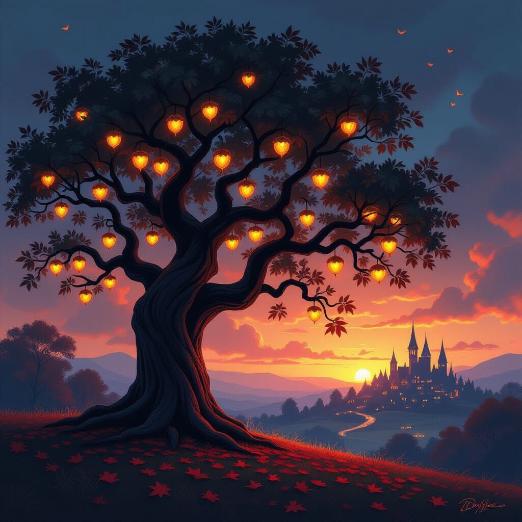 Ancient Oak Tree with Glowing Acorns at Twilight