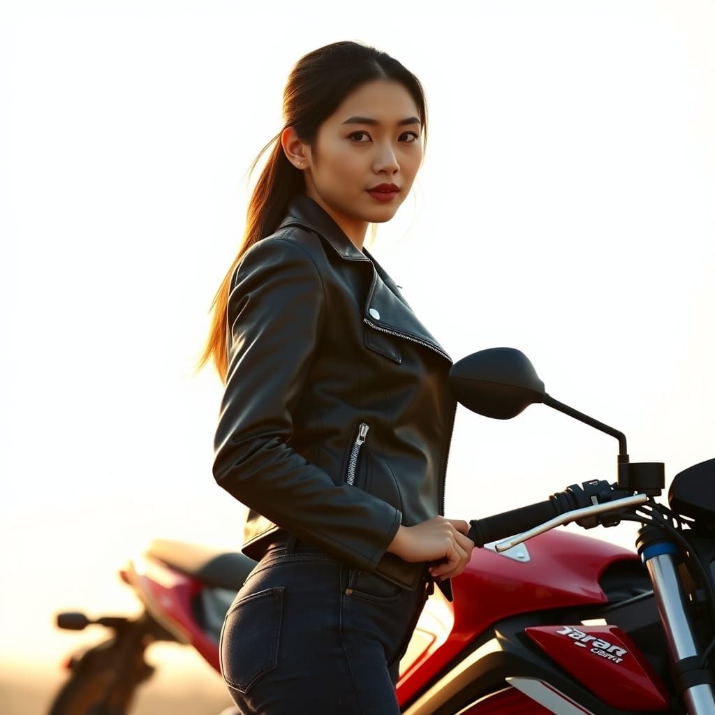 Thai Woman with Motorcycle in Golden Light