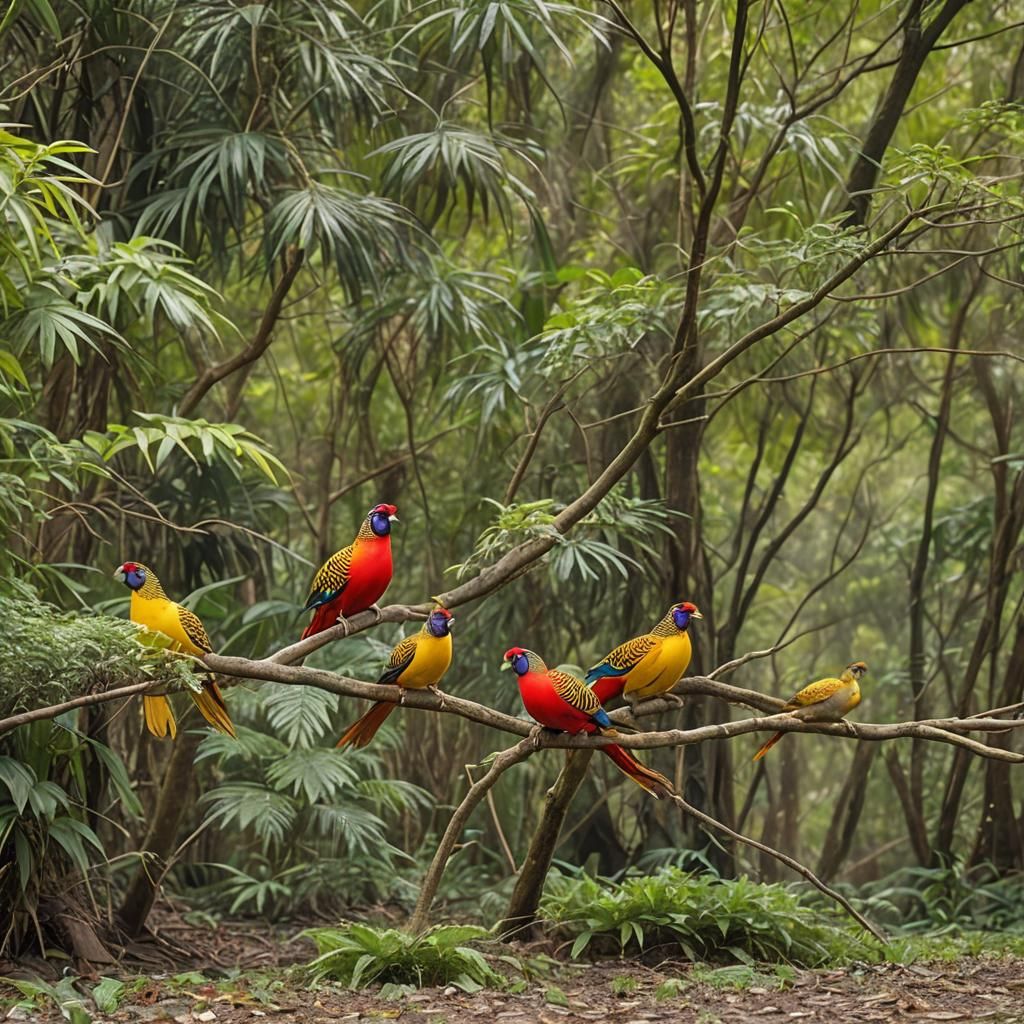 Golden Pheasants in Lush Forest