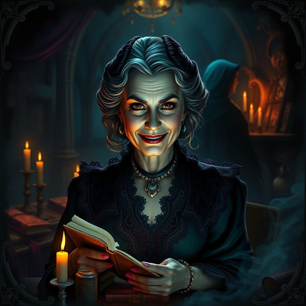 Victorian Sorceress Conjuring Dark Magic in Mystical Realm