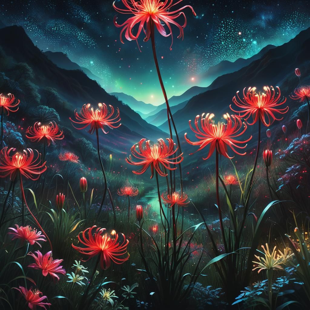 Glowing Red Spider Lilies in Cosmic Valley