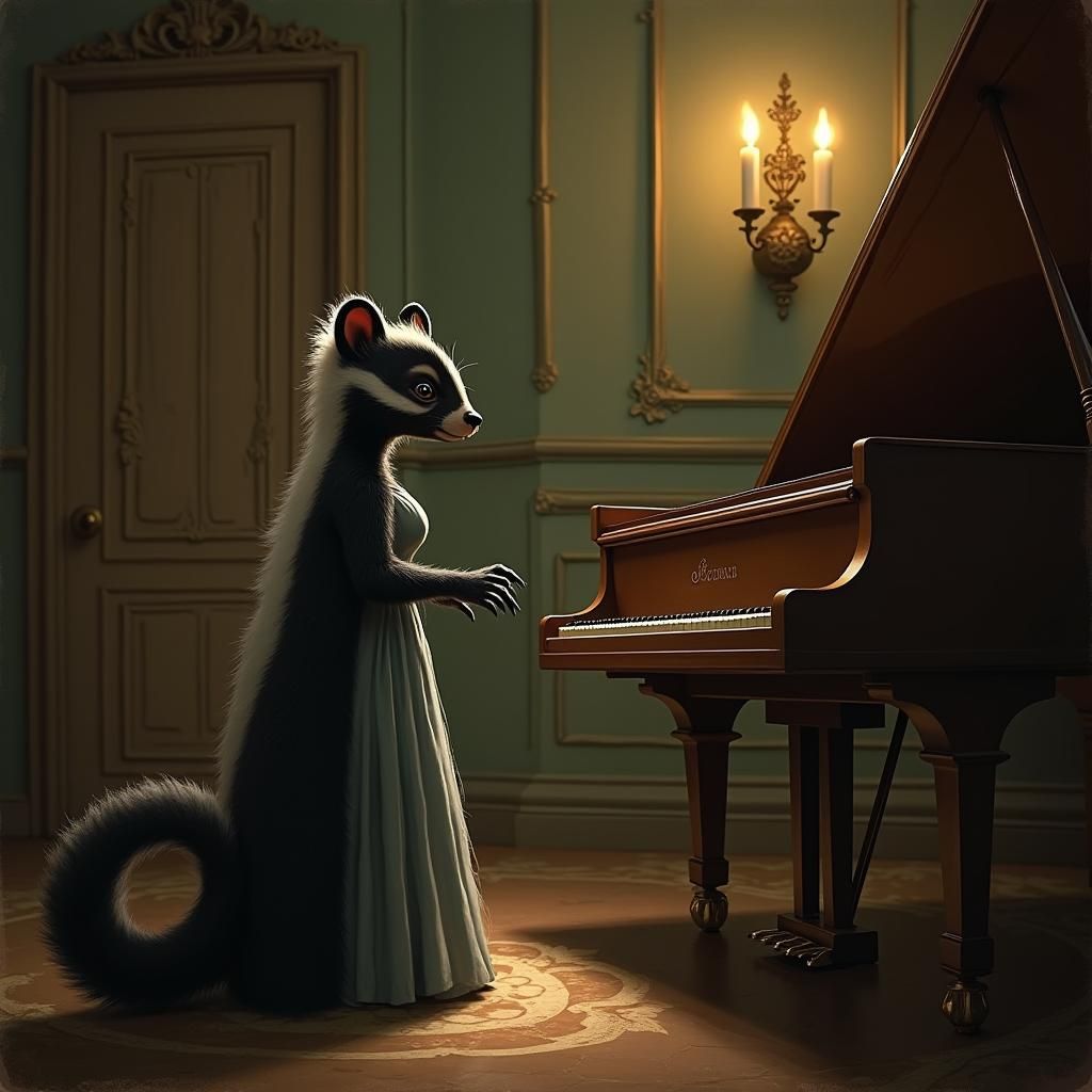 Skunk Observes Pianist in Ornate Music Room