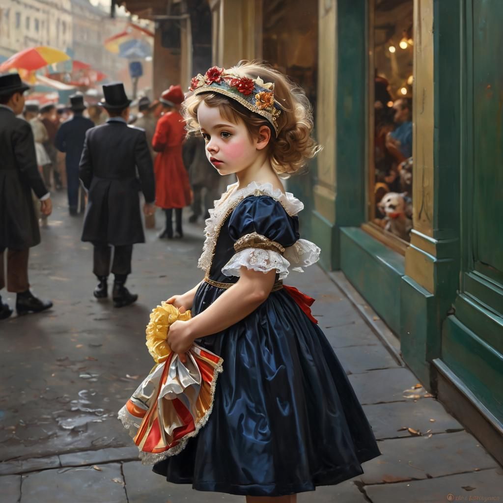 Child Watches Carnival Parade, Classical Painting Style