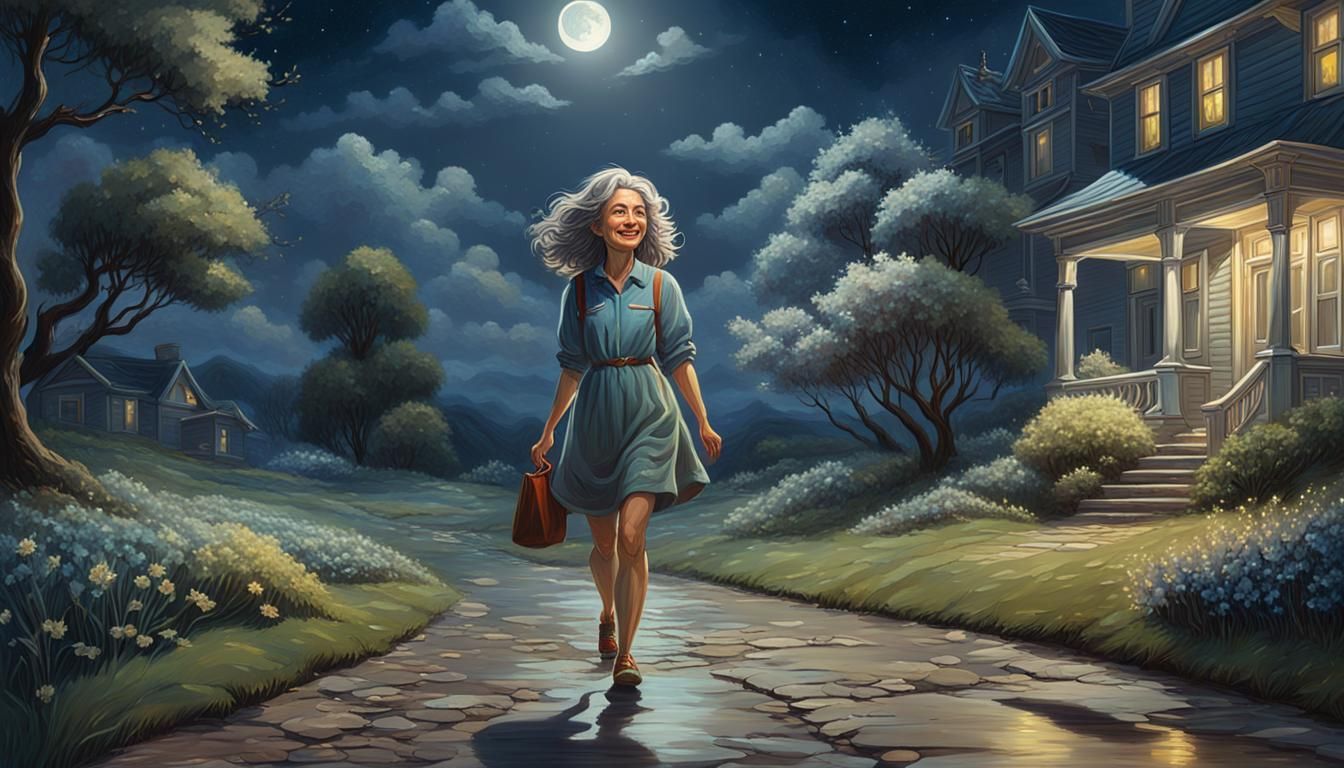 Happy Woman Walking on Moonlit Night as Oil Painting