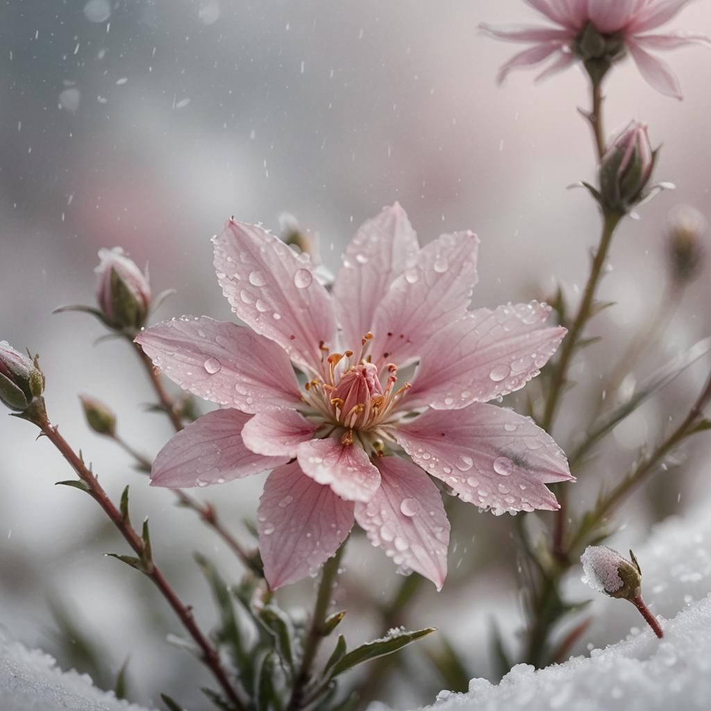 Delicate Pink Flower Blooming Through Snow