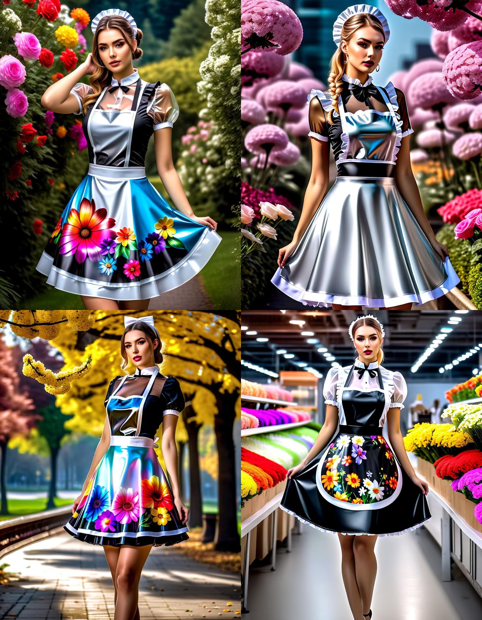 See-Through Latex Maid Dress with Floral Print