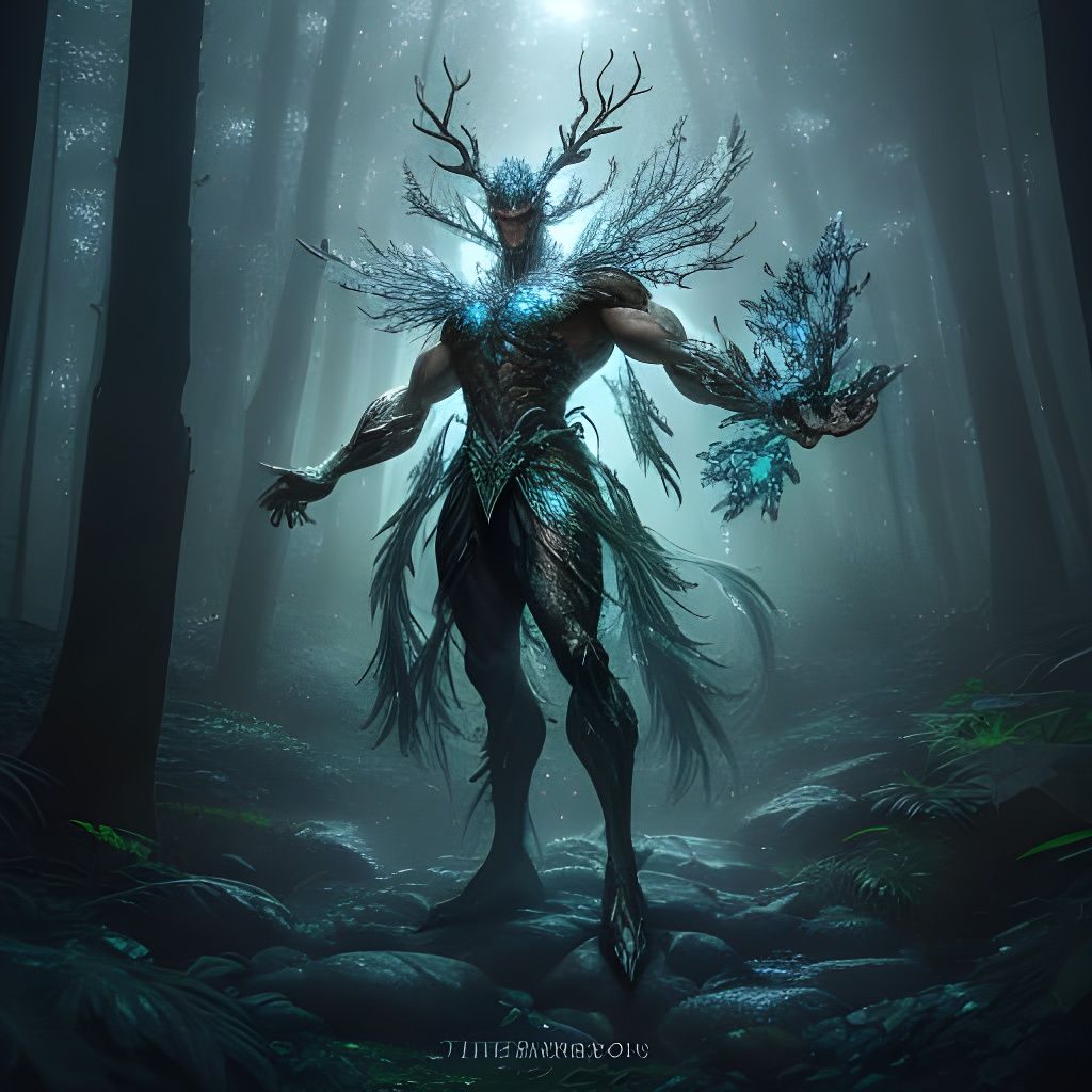 A beefcake male fused with a magical tree. The leaves are sp...
