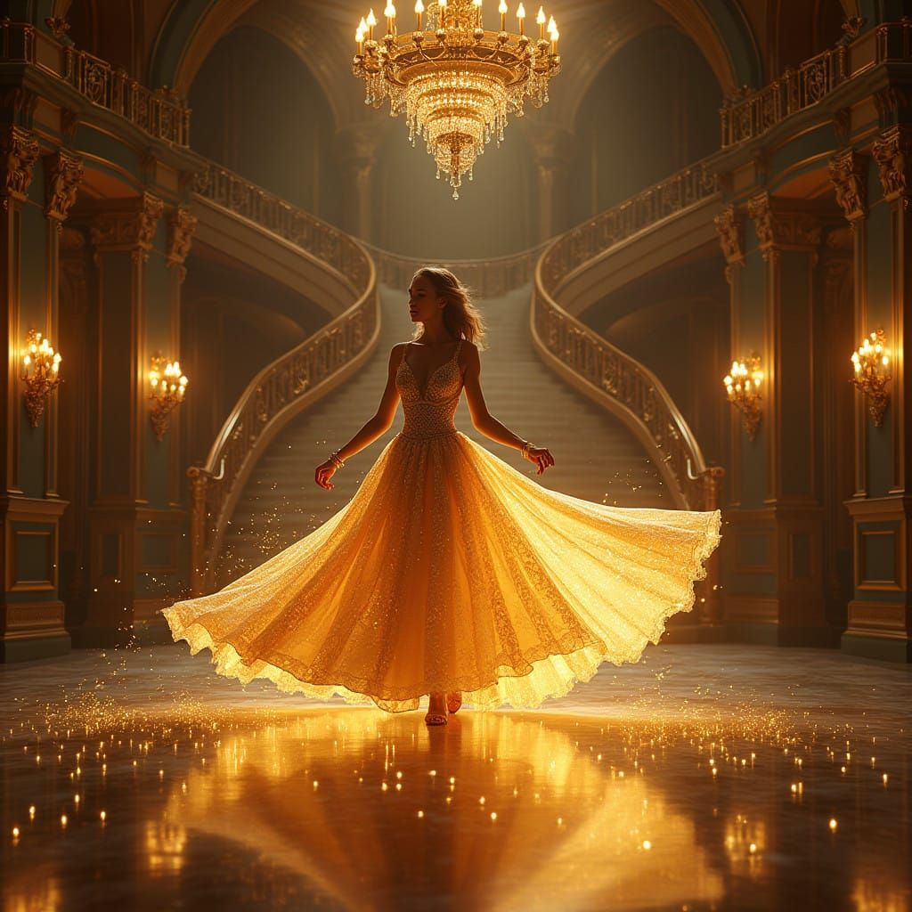 Ethereal Princess in Golden Gown Dances in Lavish Royal Ball...