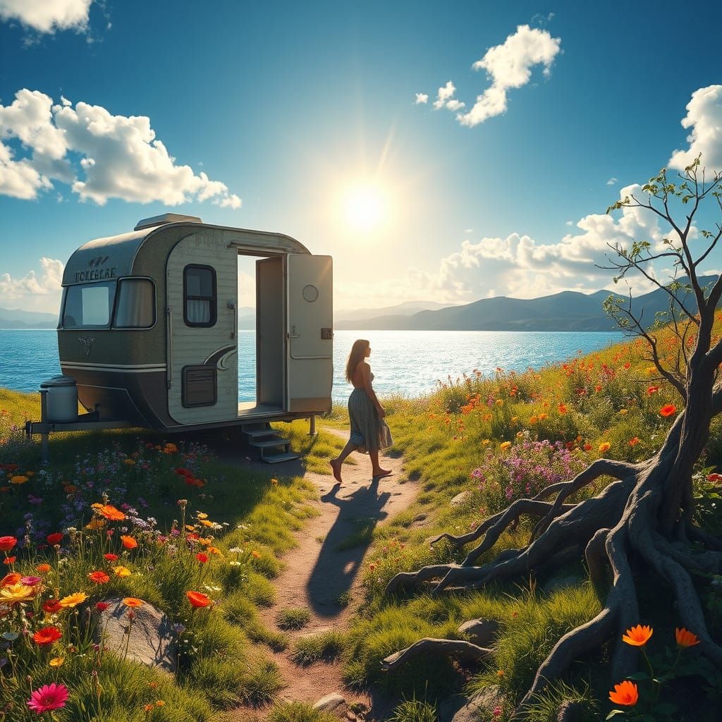 Serene Woman Steps into Vibrant Meadow Amidst Winding Path a...