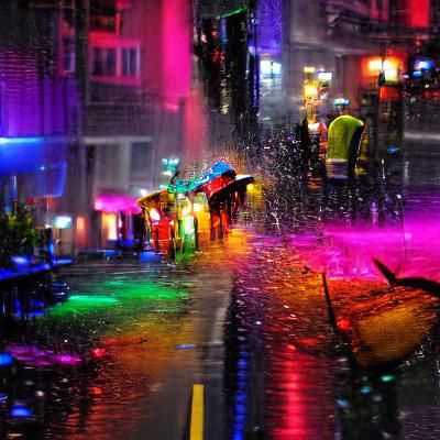 Vibrant Nightlife Reflected in Rainy Cityscape