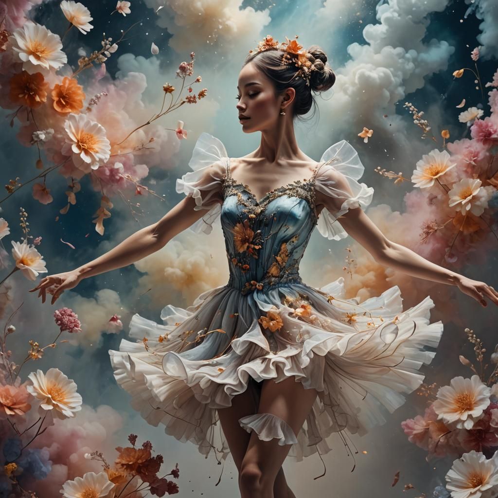 Ethereal Cloud Ballerina Dancing with Flowers in 3D
