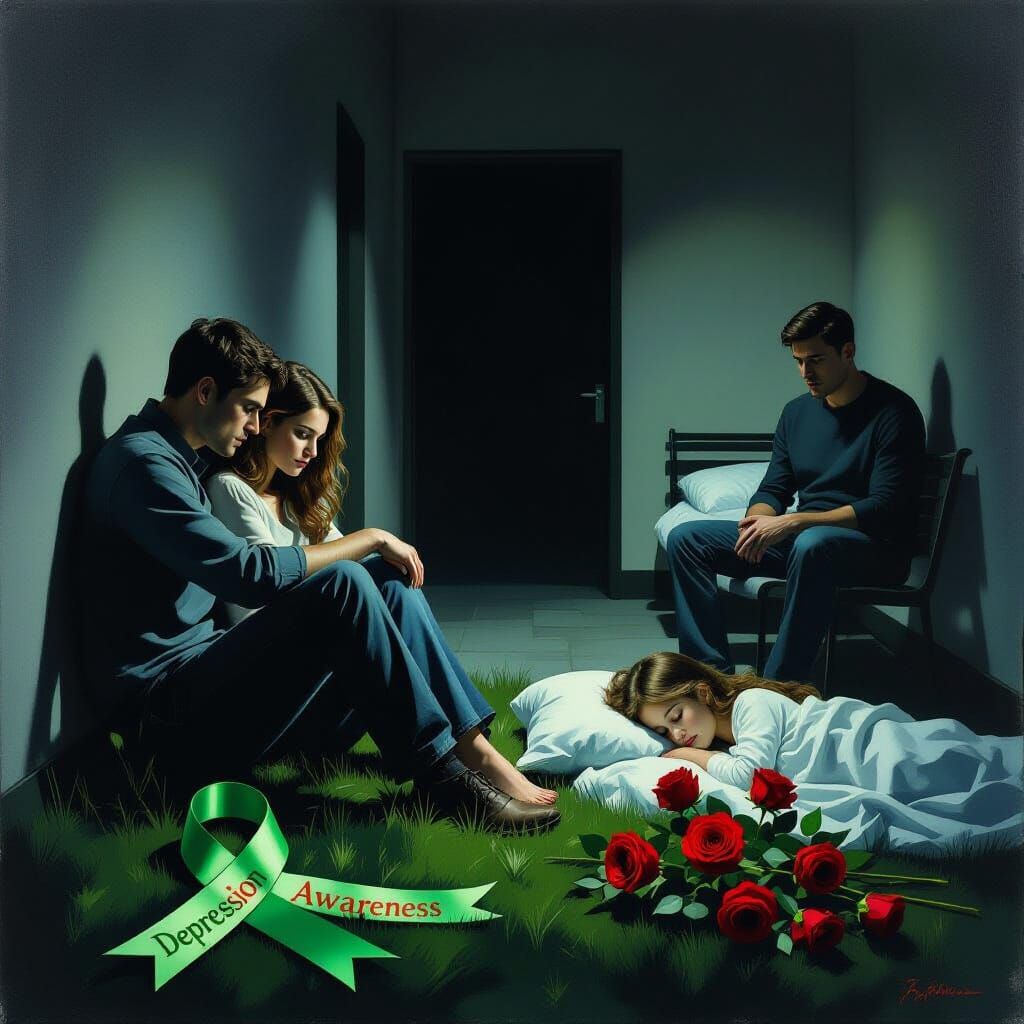 Moody Hallway Scene with Depression Awareness Ribbon