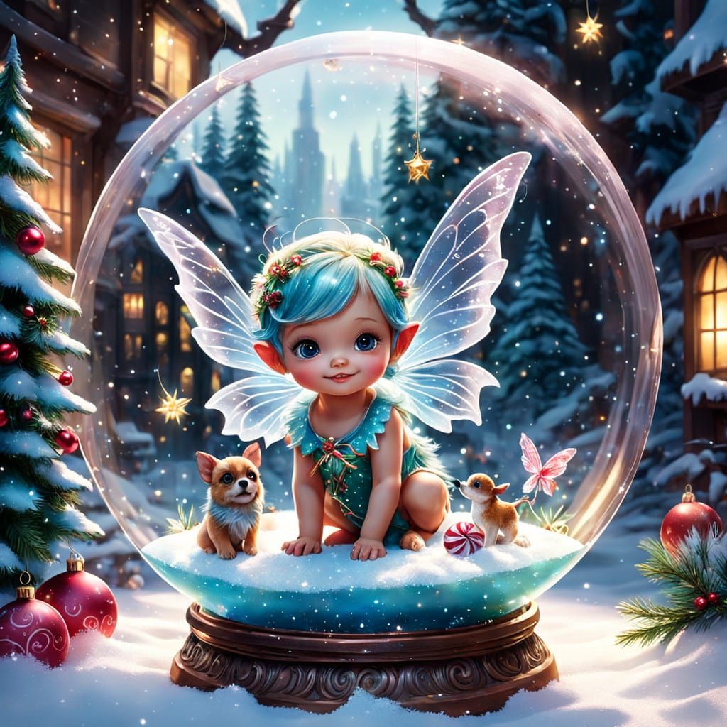 Glowing Glass Baby Christmas Fairy Plays with a Cute Puppy i...