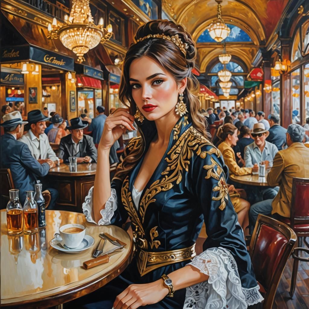 Opulent Woman in Cafe: Oil Painting Masterpiece