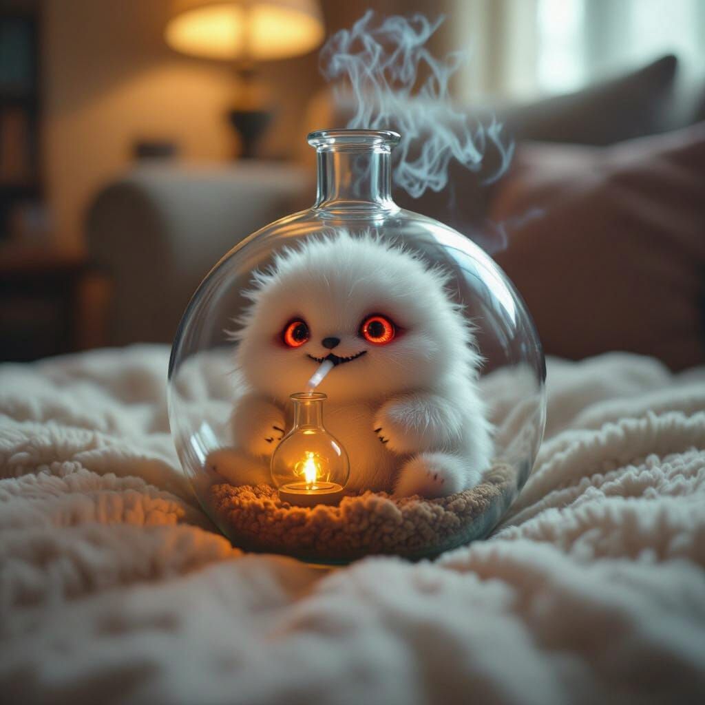 Fluffy Creature Smoking Bong: Cinematic Film Still