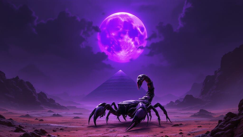 Mechanical Scorpion Guards Desert Vault Under Purple Moon