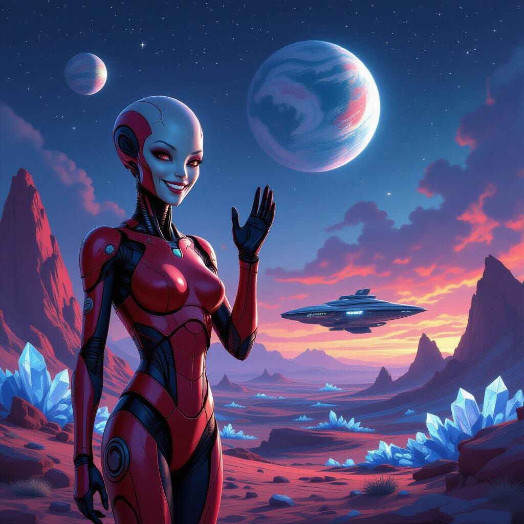 Red and Black Alien Android Greets Viewer in Concept Art Sty...