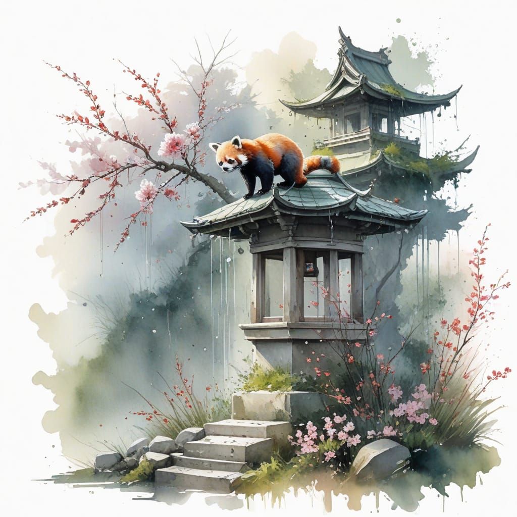 Surreal Red Panda Scene in East Asian Garden Style