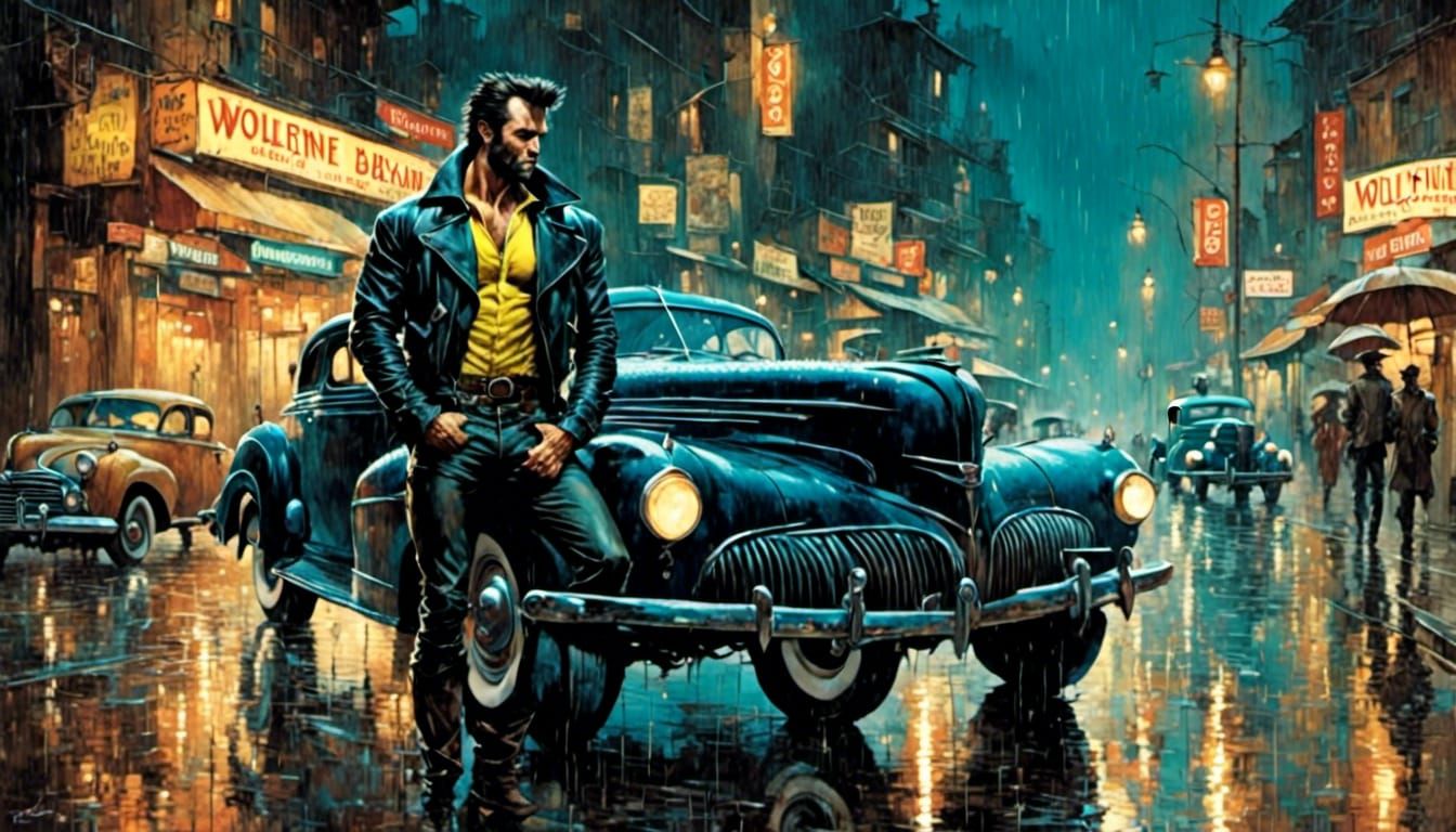 Wolverine in Rainy Neon Night: Retro Rockabilly
