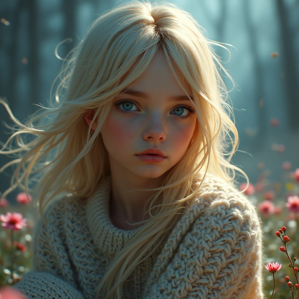 Teen with Blue Eyes in Dreamlike Setting