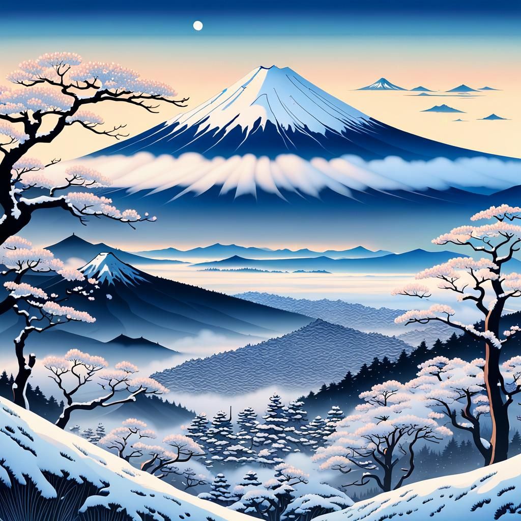 Mount Fuji Sunset in Ukiyo-e Style