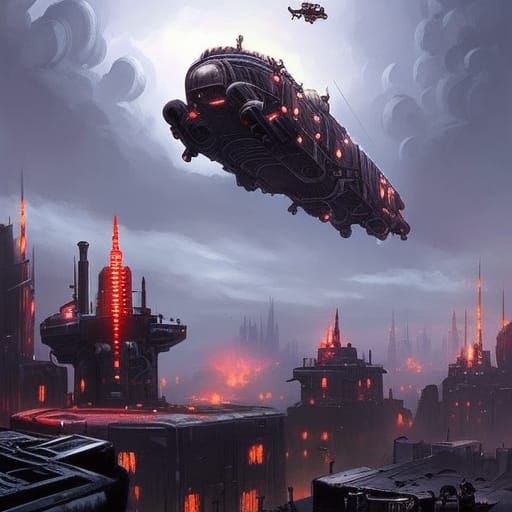 Steelpunk Skyship Over Dim City, Digital Painting