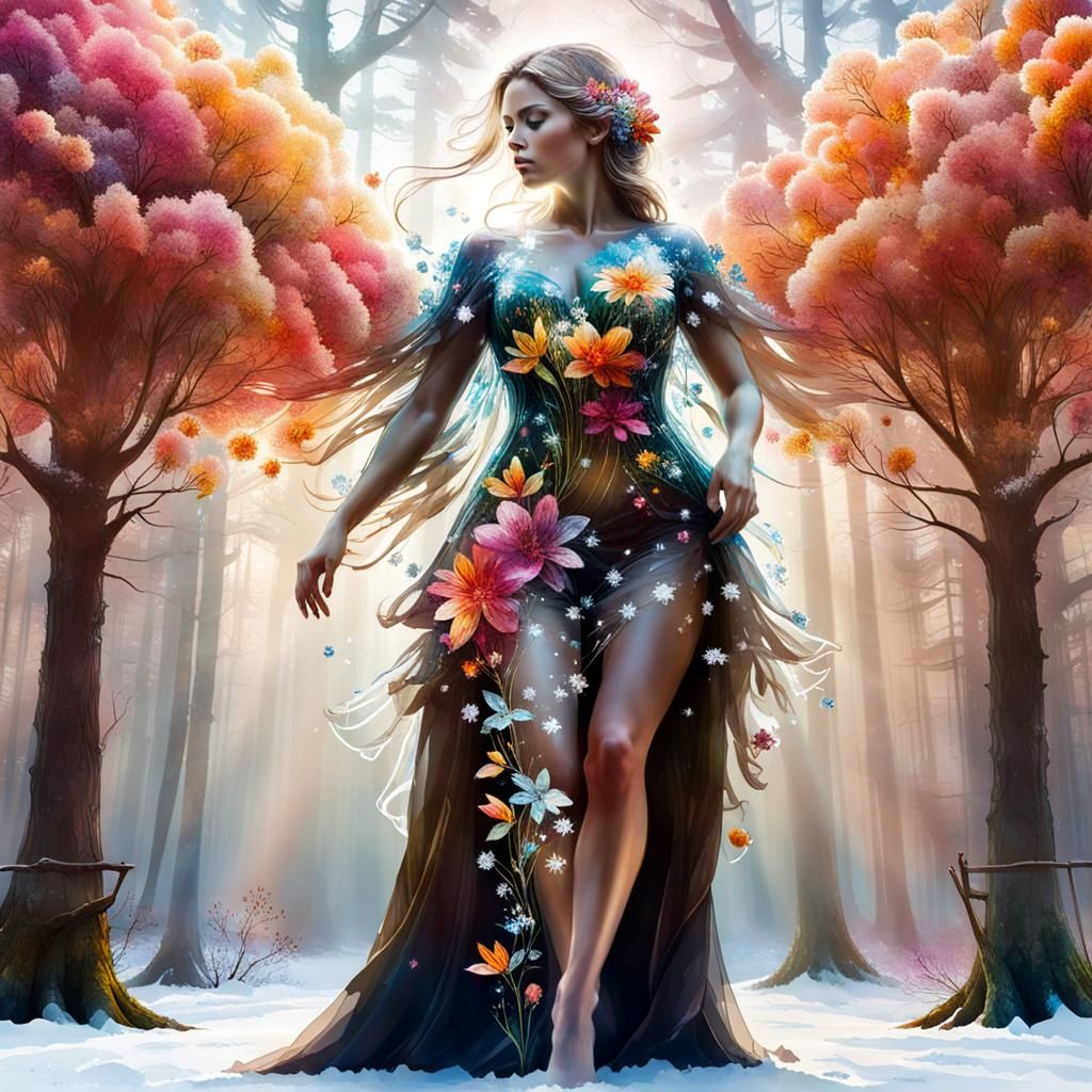 Crystal Flower Woman in Snowy Forest